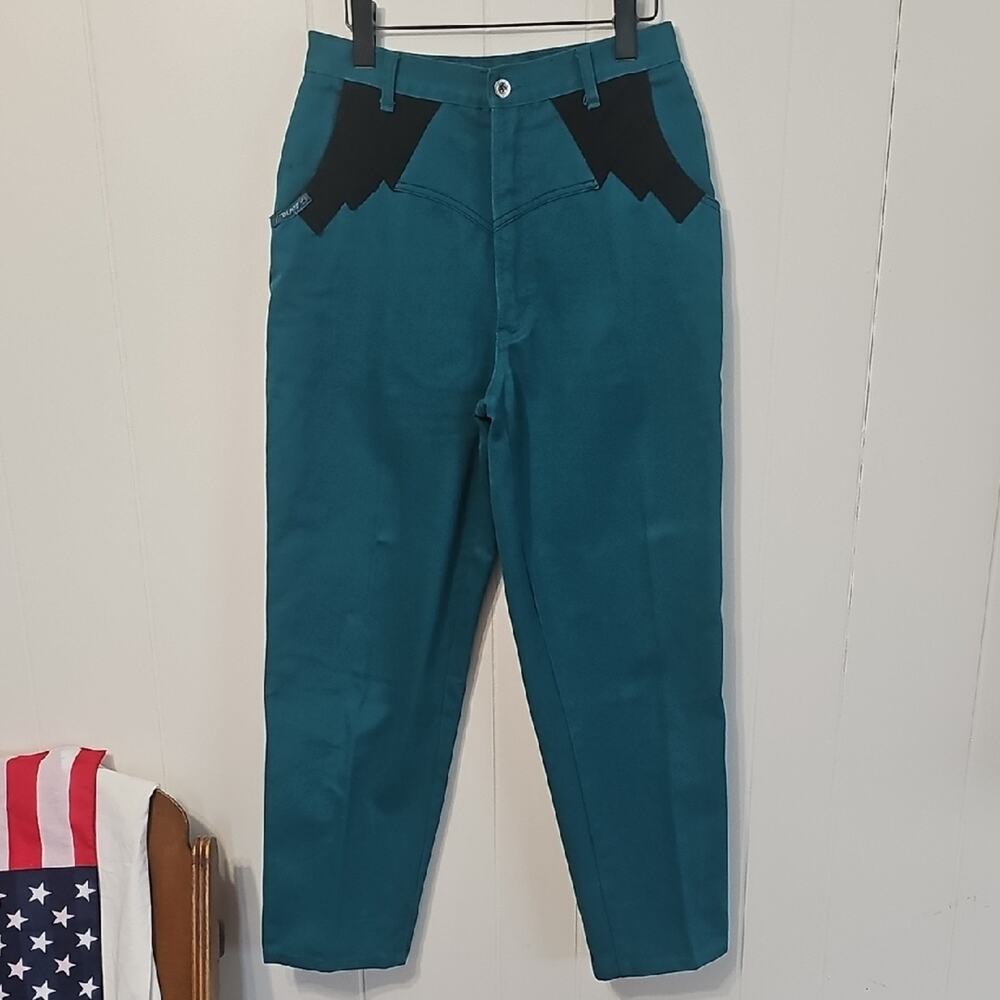 Vintage Blaze Western Heavy Denim Jeans 11/30 Teal & Black 80s Rodeo Cowgirl